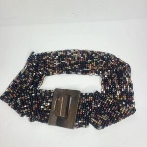 Vintage Womens Beaded Elastic Belt Wooden Buckle Stretch Boho Hippie Retro